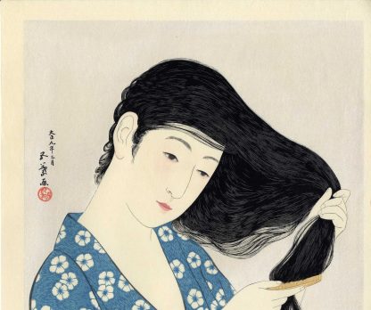 Goyo HASHIGUCHI (1880- 1921) Jeune fille se coiffant (1920) "Kamisukeru Onna" - Editeur Yuyu-do -artisan graveur : Kentaro MAEDA - artisan imprimeur : Shuntaro ITO