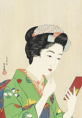 Goyo Hashiguchi (1880 – 1921) - Jeune fille se mettant du rouge à lèvres - Lipstick - 1920 - Editeur Tanseisha - Réédition de 1981