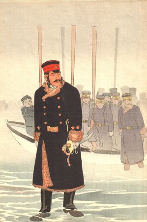 Kiyochika Kobayashi, Le lieutenant-général Yamaji au débarquement sur la péninsule de Jinzhou en 1894 - Panneau central - Estampe Japonaise