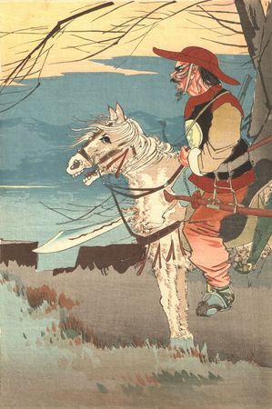 Beisaku Taguchi (1864–1903) - Cavaliers mandchous observant un camp militaire japonais - Estampe japonaise originale de 1895 - Triptyque de panneaux séparés - Panneau central sans les marges