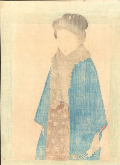 Keishu TAKEUCHI (1861-1942) - Jeune beauté avec un boa de plumes - Estampe japonaise originale de type Kuchi-e - 1908 - Dos