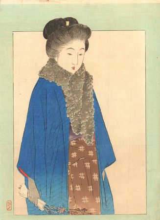 Keishu TAKEUCHI (1861-1942) - Jeune beauté avec un boa de plumes - Estampe japonaise originale de type Kuchi-e - 1908