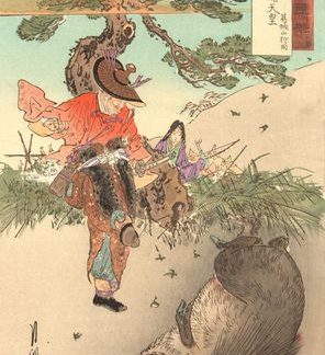 Gekko Ogata - Les chasses de l'empereur Yuryuaku sur le mont Katsuragi -1893 -Estampe japonaise originale