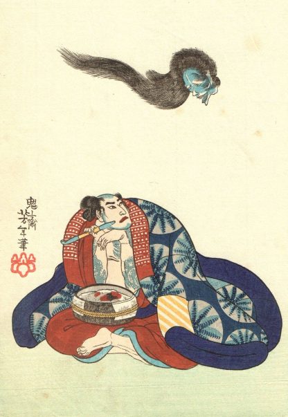 Yoshitoshi - Kinsei kyogi den - Namakubi Rokuzo confronté à la tête fantôme flottant dans les airs